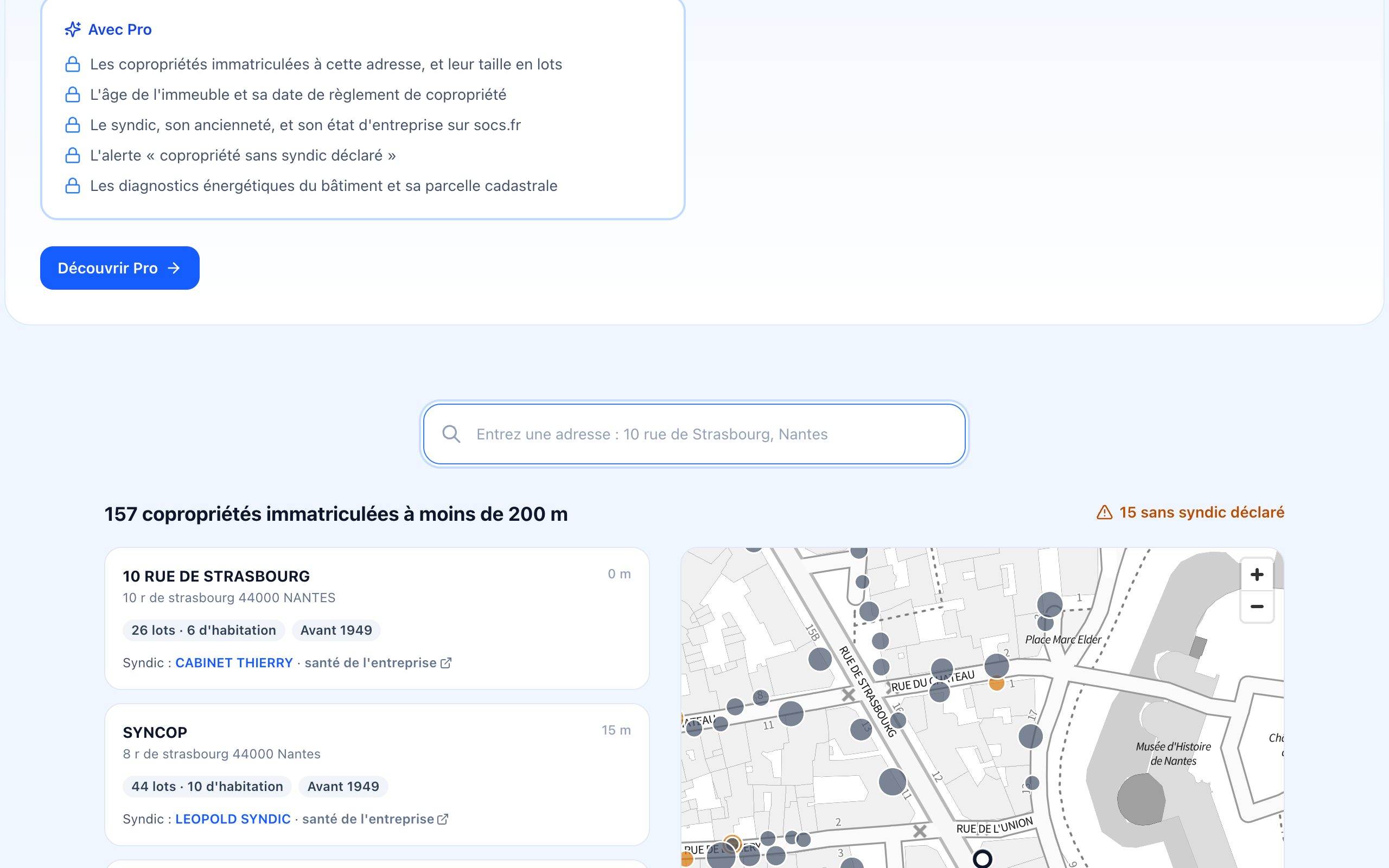Les copropriétés immatriculées autour d'une adresse, avec leur syndic