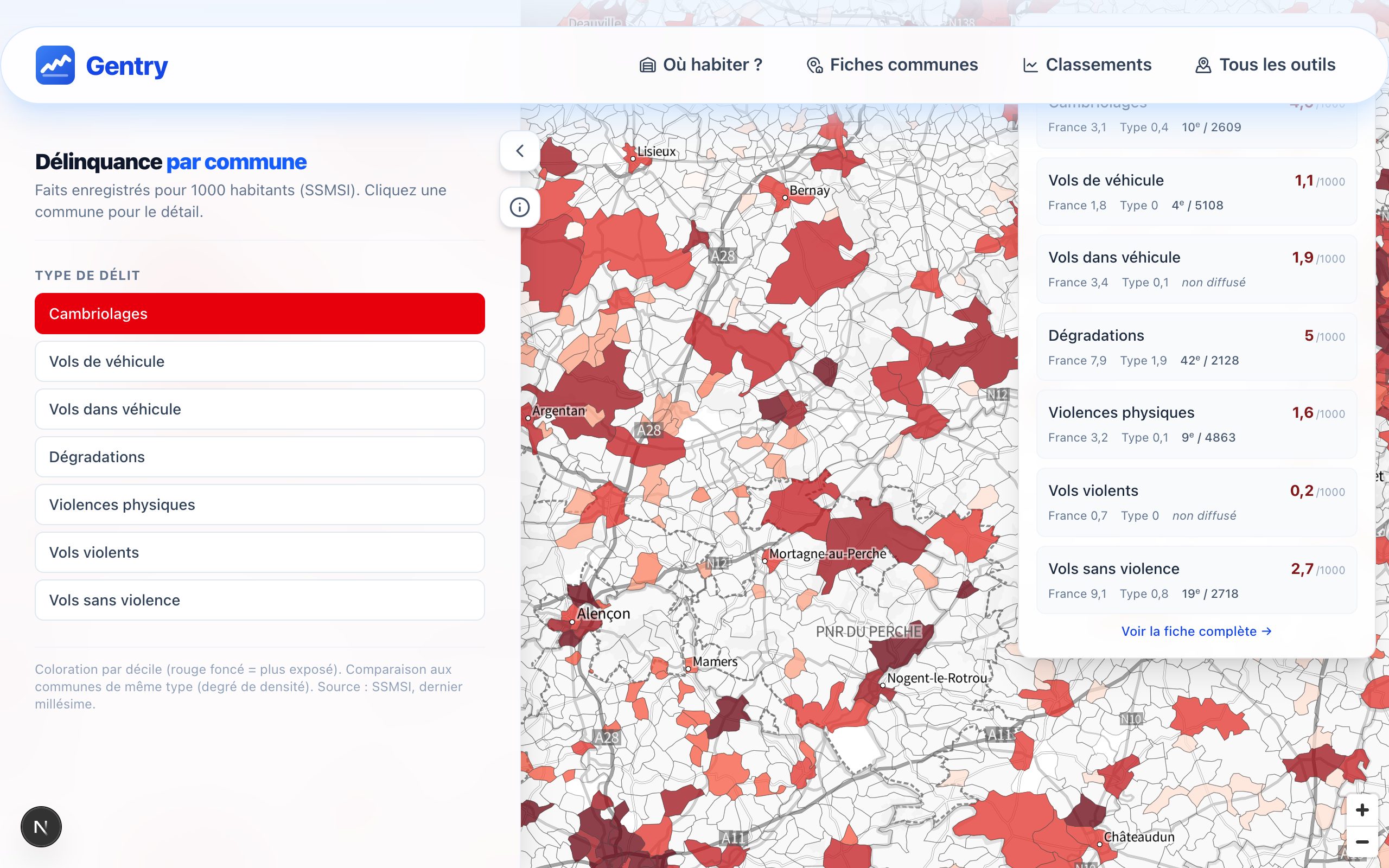 Aperçu de l'outil Délinquance par commune
