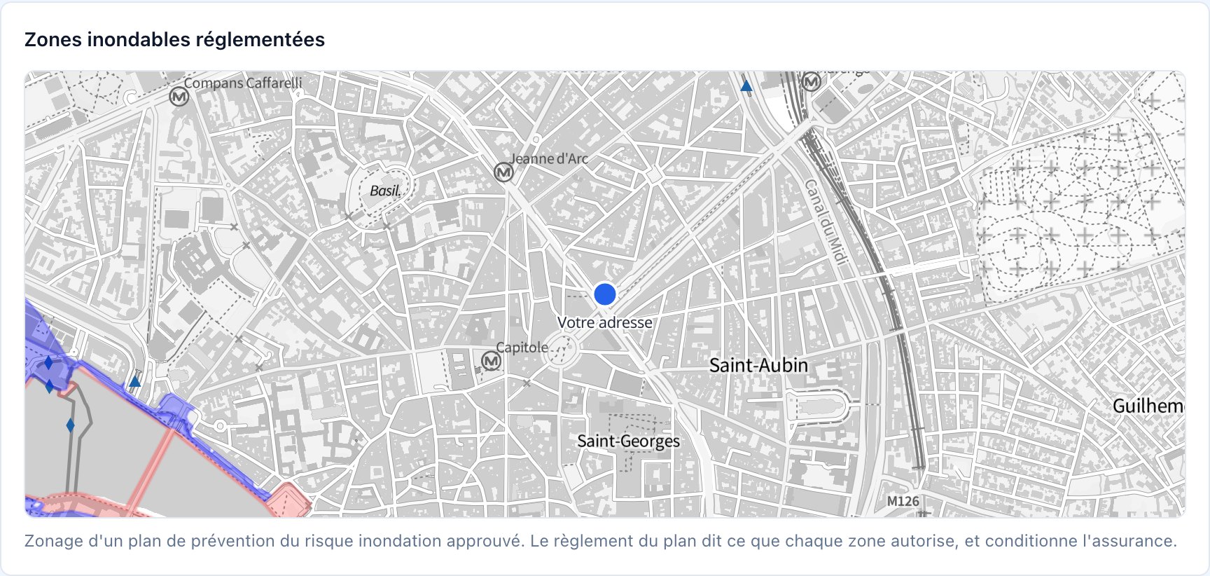 La carte des zones inondables réglementées autour de l'adresse, tirée du plan de prévention du risque inondation