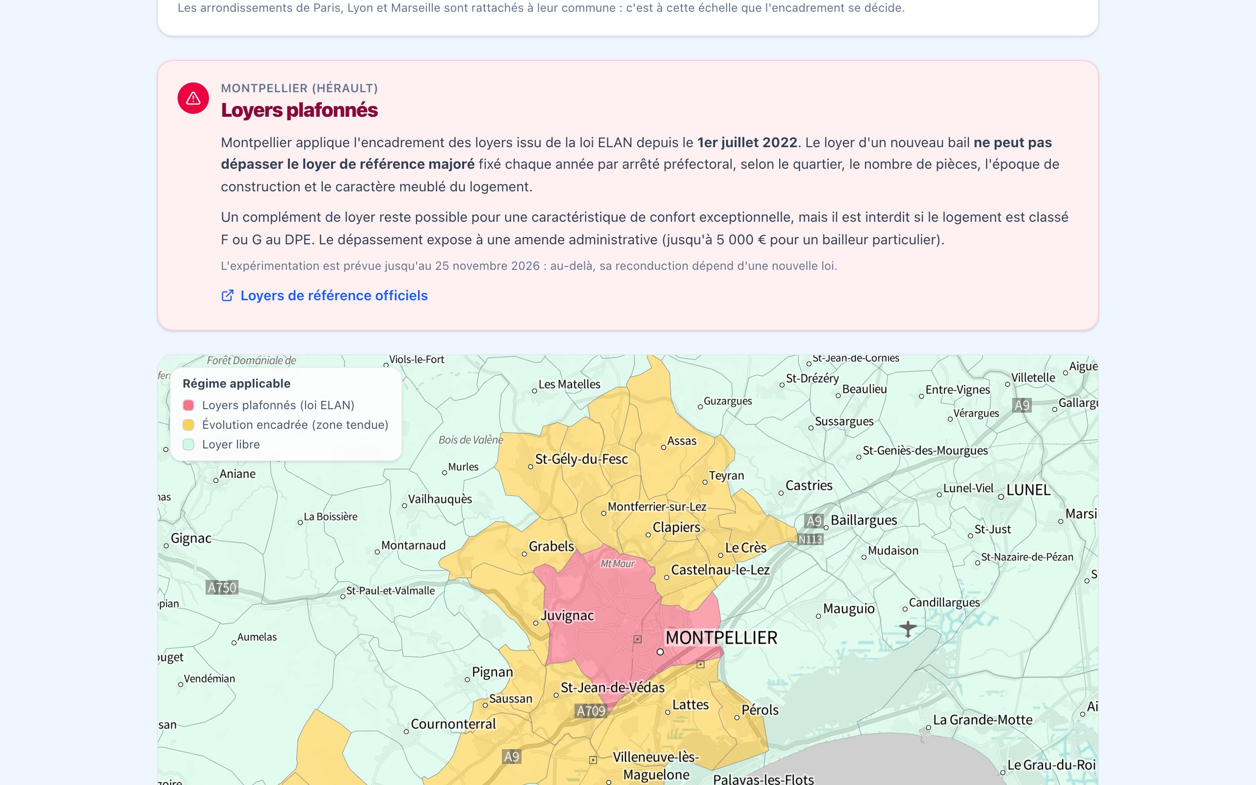 Carte des trois régimes : loyers plafonnés, évolution encadrée, loyer libre