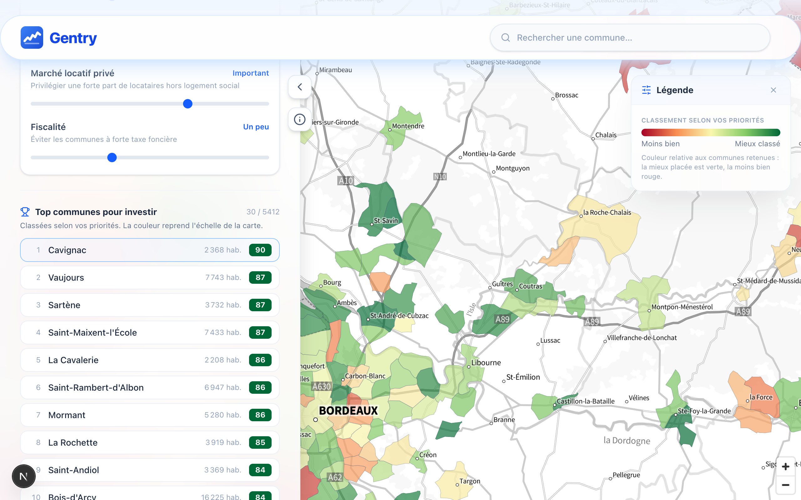 Carte des communes colorées par score d'investissement (zoom)