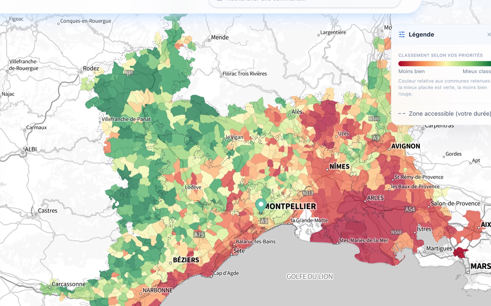 Carte des communes côtières et lacustres colorées par score (zoom)