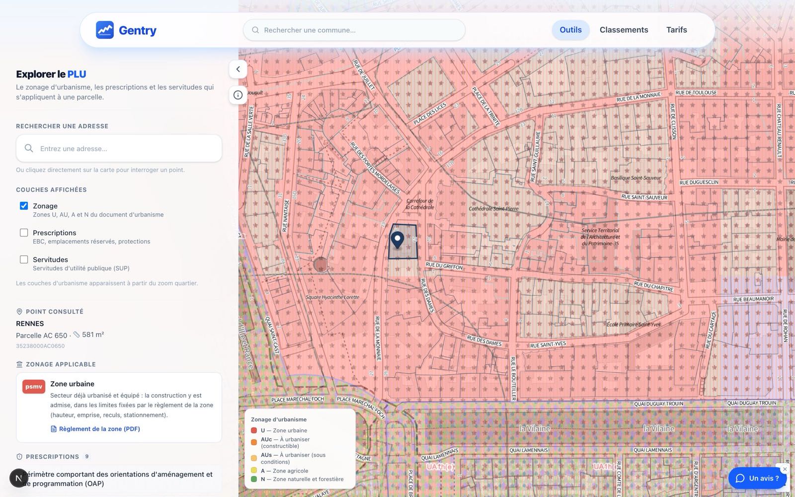 Détail d'une parcelle : zone applicable, prescriptions, servitudes et règlement