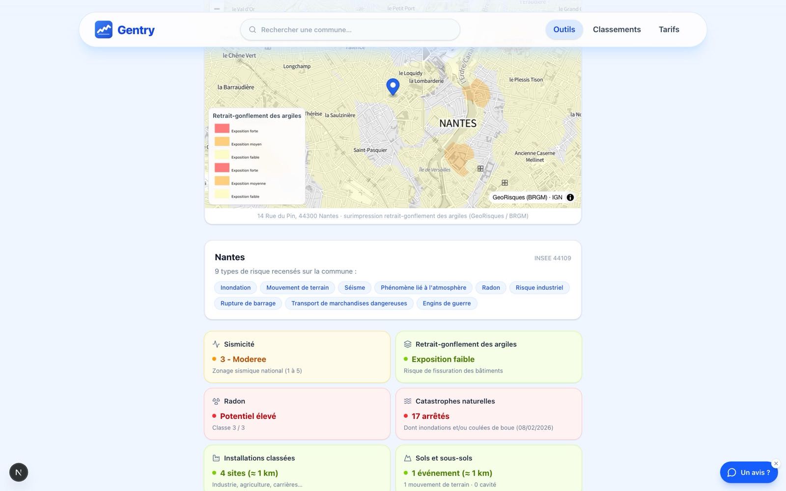 État des risques d'une adresse : aléas cartographiés et indicateurs par risque
